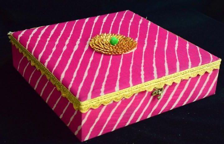 traditional wedding invitation box in leheriya print