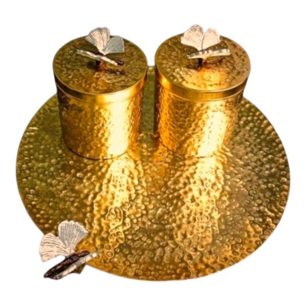 Hammered metal platter with 2 jars